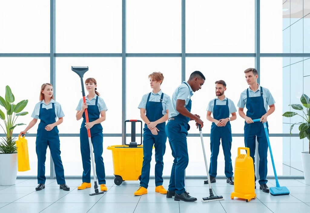 Professional cleaning team at work in modern London office