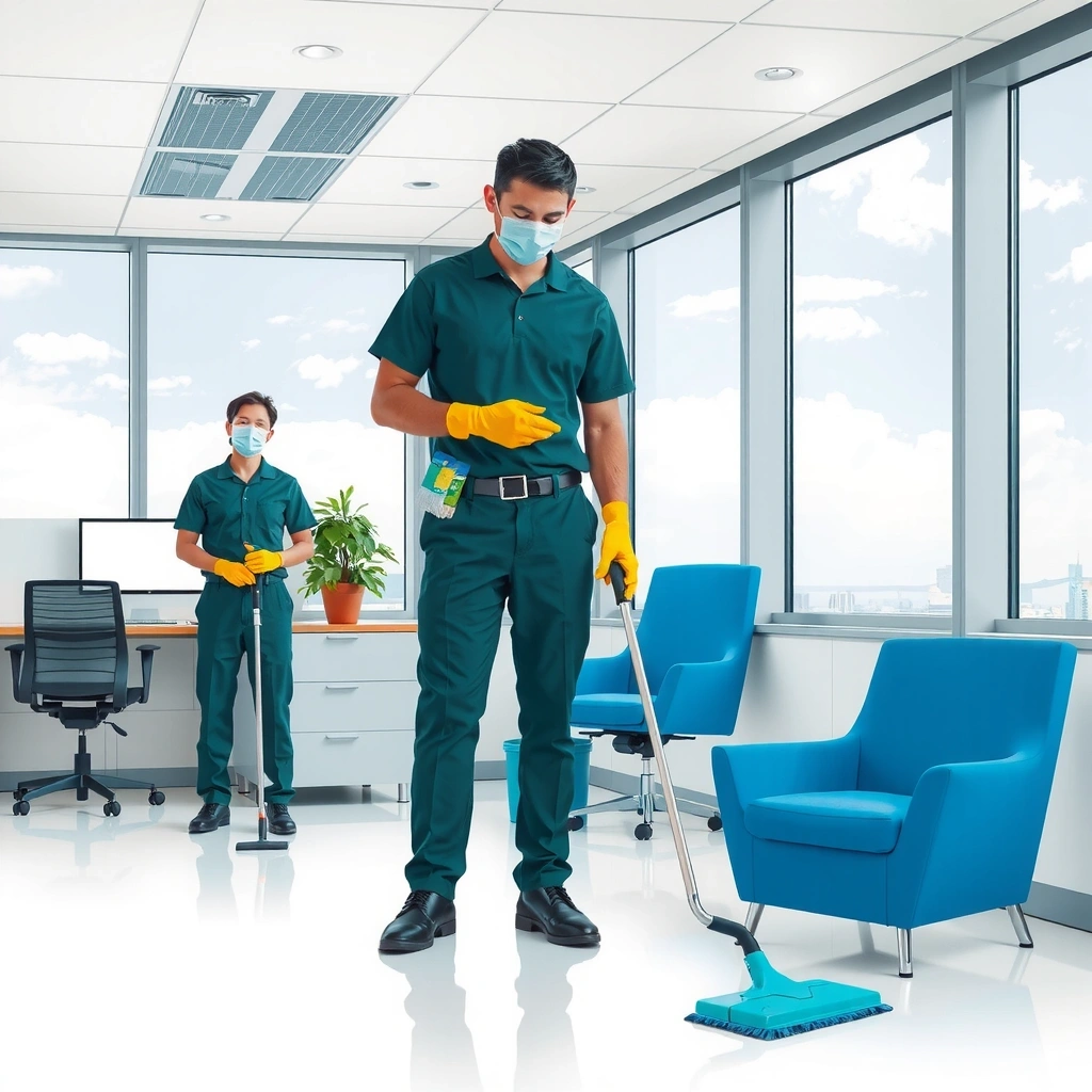 Professional cleaning team working in modern office space
